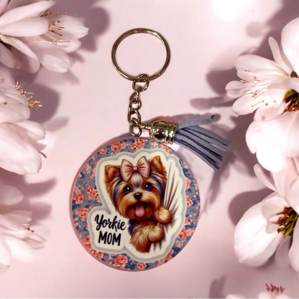 Yorkie Mom Keychain with Floral Design